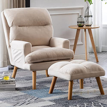 Modern Accent Chair with Ottoman, Soft Fabric Armchair with Adjustable Backrest and Side Pockets, Comfy Lounge Chair for Living Room, Bedroom, Apartment, Office, Beige