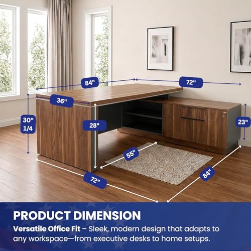 OfficeSimpli L Shaped Executive Desk with Drawers, Made in USA, 84x72x30 in, view 3