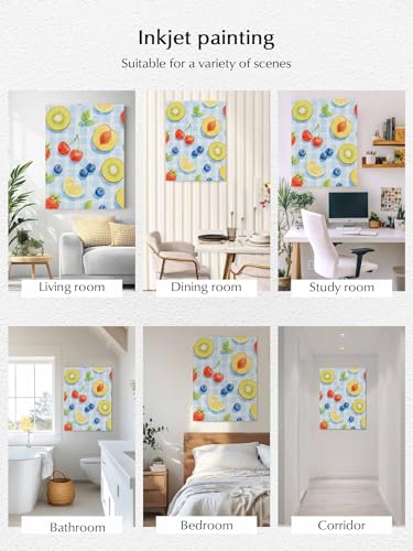 NuYeBiofx Summer Fruit Slices Peach Pattern Canvas Wall Art Prints,48"x32" Framed Picture Artwork Blue Gingham Backdrop Printed Canvas Oil Painting for Living Room Bedroom Office,Ready to Hang