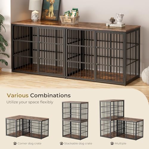 94" Double Dog Crate Furniture, TV Stand with Divider, Brown, view 3