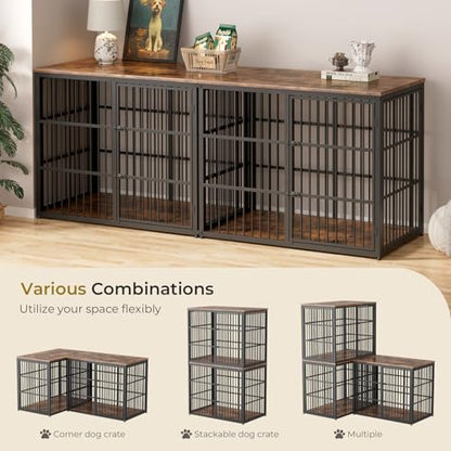 94" Double Dog Crate Furniture, TV Stand with Divider, Brown, view 3
