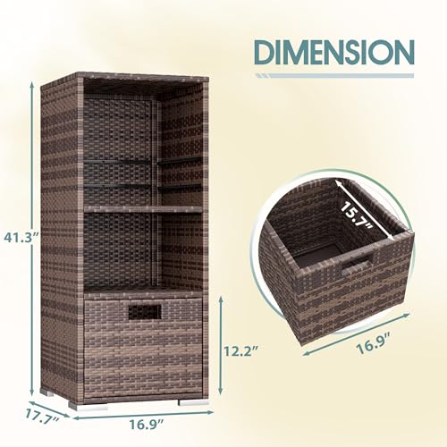 Outdoor Pool Towel Rack Patio Waterproof Rattan Wicker Storage Cabinet Shed with Shelves & Drawer (Brown)