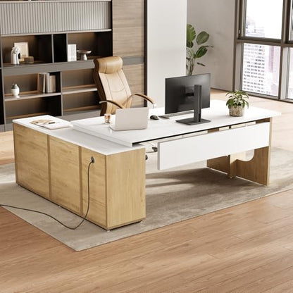 74-Inch Executive L-Shaped Desk with Storage Cabinet & Shelves, view 3