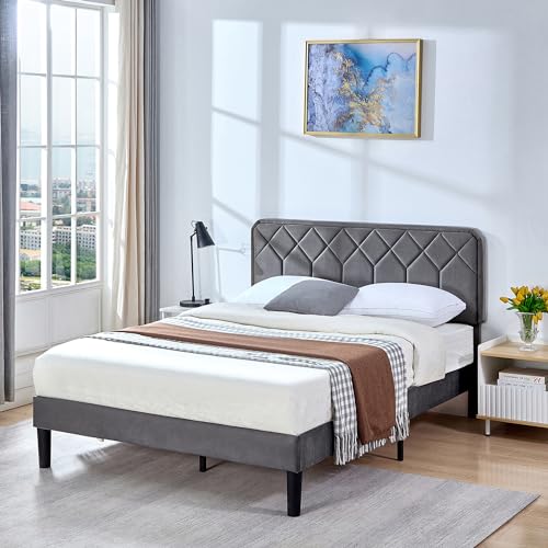 Queen Size Bed Frame, Velvet Upholstered Platform with Adjustable Headboard, view 4