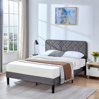 Queen Size Bed Frame, Velvet Upholstered Platform with Adjustable Headboard, view 4