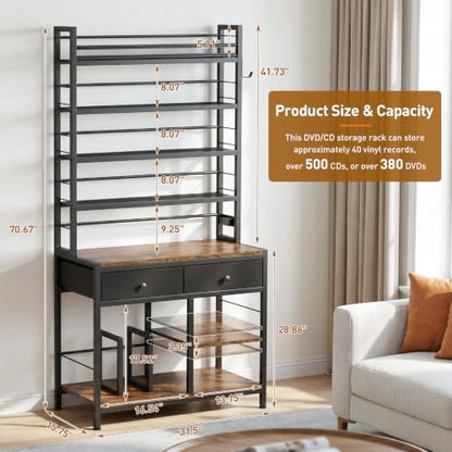 Tall CD Rack with Power Outlet & Drawers, 8-Tier DVD Storage Shelf, view 3