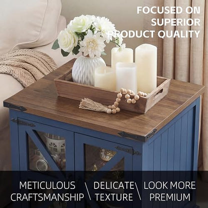 Farmhouse End Table, 24" Large End Tables with Storage, Rustic Square Sofa Beside Table with Glass Barn Door, Wood Side Table Square Nightstand for Living Room, Bedroom, Office (Misty Blue)
