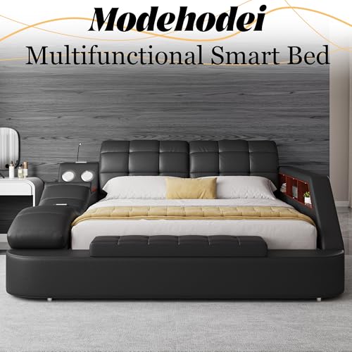 Luxury King Bed Frame PU Leather Bluetooth USB AF, view 4