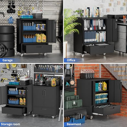 Metal Storage Cabinet with Wheels, Heavy Duty Steel Tool Cabinet with Doors and Drawer, Lockable Tool Cart for Garage Basement Workshop Warehouse, Assembly Required (Black)