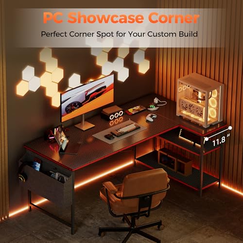Small L Shaped Computer Desk with Power Outlets, Reversible Gaming Desk with Storage Shelves, Corner Gamer Desk Table, Study Writing Table