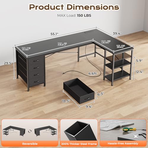 55 Inch L Shaped Desk with Fabric Drawers, Reversible Computer Gaming Desk with Power Outlets and USB-C Port, Adjustable Side Storage Shelves, for Work Study Corner Home Office, Black