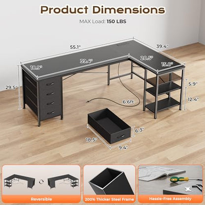 55 Inch L Shaped Desk with Fabric Drawers, Reversible Computer Gaming Desk with Power Outlets and USB-C Port, Adjustable Side Storage Shelves, for Work Study Corner Home Office, Black