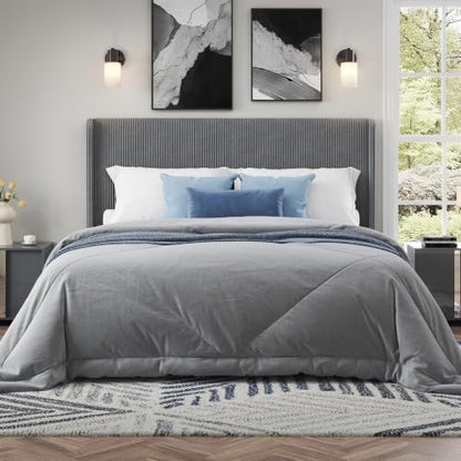 Queen Bed Frame, Upholstered Platform Bed with Corduroy Headboard, Grey, view 2