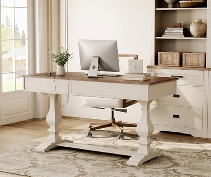 60-inch Vintage Farmhouse Desk with Charging Station &3 Deep Drawers, view 5