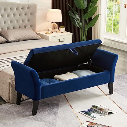 Storage Ottoman Bench, Velvet Benches End of Bed Bench with Solid Wood Legs Upholstered Ottoman with Storage Indoor Bench for Living Room with Rolled Arm, Entryway, NavyBlue