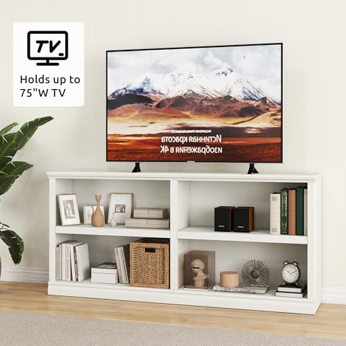 White Bookshelf Double Wide 64“ 2-Tier Bookcase 4 Cube Storage Organizer Wooden Bookcases for Bedroom and Home Office Decor Display
