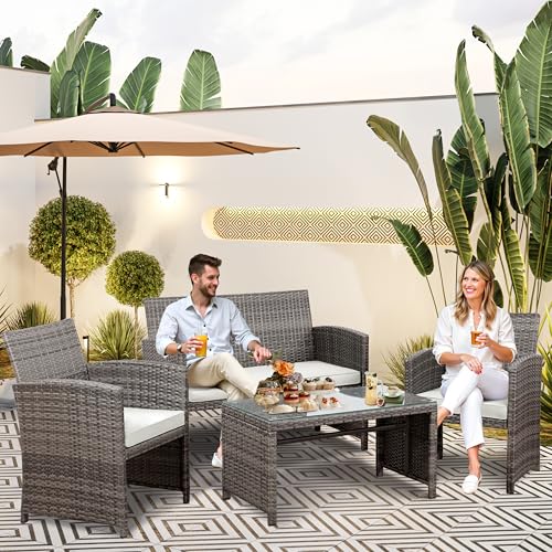 Patio Furniture Set 4 Piece Outdoor Furniture Set, PE Rattan Wicker Patio Conversation Set with Cushions & Glass Coffee Table, Backyard Patio Seating for Balcony Porch Garden Poolside, White