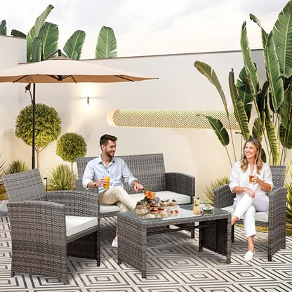 Patio Furniture Set 4 Piece Outdoor Furniture Set, PE Rattan Wicker Patio Conversation Set with Cushions & Glass Coffee Table, Backyard Patio Seating for Balcony Porch Garden Poolside, White