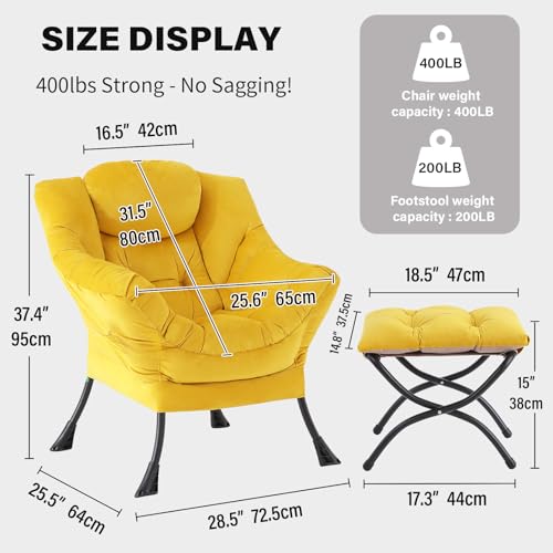 Lazy Chair with Ottoman, Yellow Modern Large Accent Armchair, Comfy Leisure Sofa Reading Chair with Footrest for Bedroom, Living Room, Dorm Rooms, Garden, Velvet Yellow