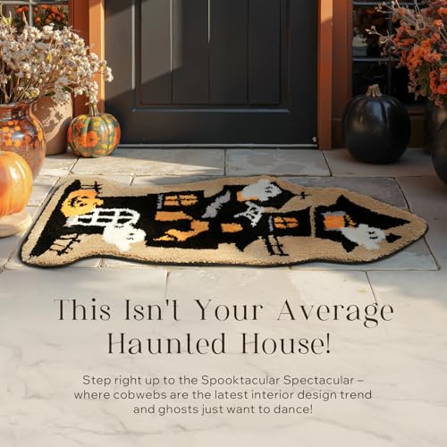 Happy Halloween Rug Haunted House Shaped Area Rug, Soft Tufted Floor Mat for Front Door, Non-Slip Decorative Rug Gothic Halloween Doormat for Living Room Bathroom, Black, 18 x 47 inches