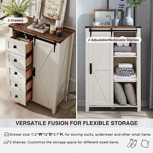 5 Drawers Dresser for Bedroom w/Sliding Barn Door, Farmhouse Modern Tall Dresser 5 Chest of Drawers, Storage Organizer for Bedroom, Hallway, Living Room, Kids Room, Antique White