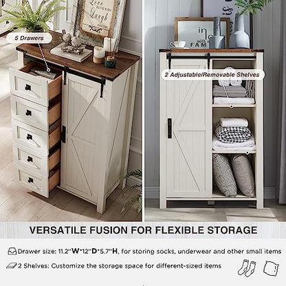 5 Drawers Dresser for Bedroom w/Sliding Barn Door, Farmhouse Modern Tall Dresser 5 Chest of Drawers, Storage Organizer for Bedroom, Hallway, Living Room, Kids Room, Antique White