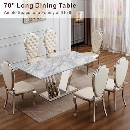 Marble Dining Table for 6 People, 70'' Rectangle Faux Marble Dining Table with Mirrored Stainless Steel Base, Large Size Marble Kitchen Table (Silver,Grey)(only Table)