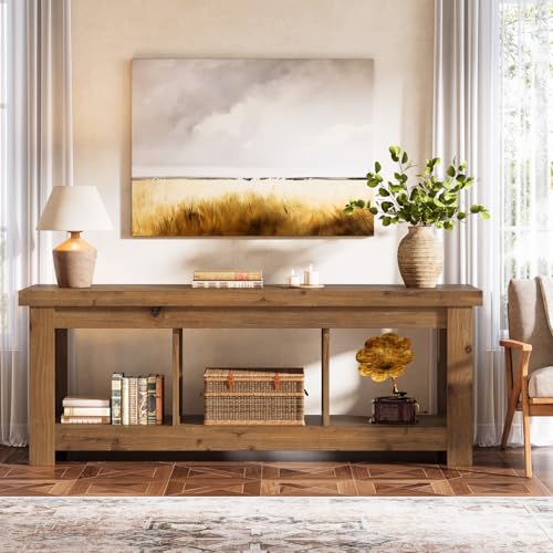 63" Solid Wood TV Stand for 55/60/65/75-Inch TVs, Farmhouse TV Table Entertainment Center with Open 3 Storage Shelves, Rustic Brown Television Console for Living Room, Bedroom