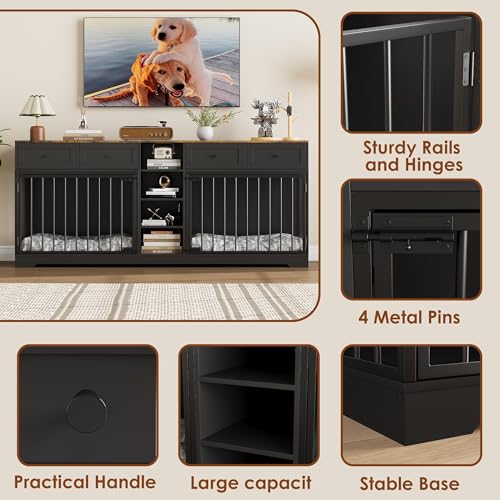 82" Double Dog Crate Furniture, Large Dog Kennel Indoor for 2 Dogs, Heavy Duty Wooden Dog Crate TV Stand with 4 Drawers and Shelves, Black