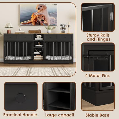 82" Double Dog Crate Furniture, Large Dog Kennel Indoor for 2 Dogs, Heavy Duty Wooden Dog Crate TV Stand with 4 Drawers and Shelves, Black