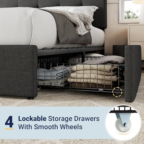 Upholstered Queen Size Platform Bed Frame with 4 Storage Drawers and Headboard, view 6