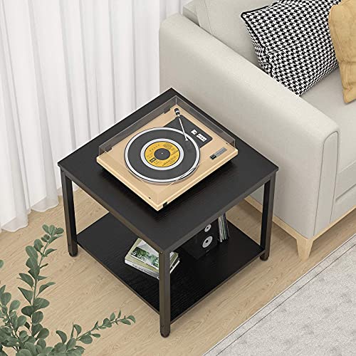Side Table 20 Inch Square, 2-Tier Coffee Tea End Table Nightstands for Sofa Couch Bed, Metal Wood Accent Modern Simple Industrial Style Side Table for Living Room Bedroom, Black