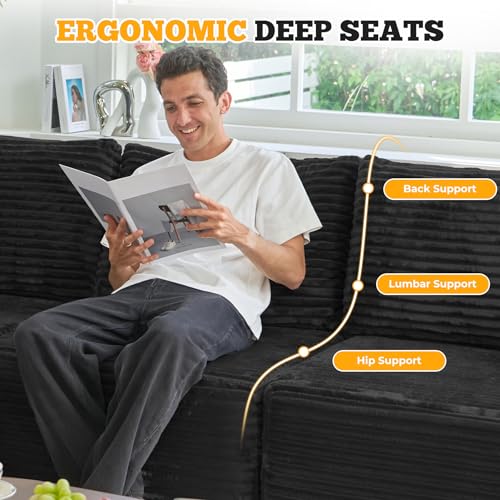 113" Modular Sectional Sofa, Convertible L-Shaped Cloud Couches for Living Room with Ottoman, 4 Seater Corduroy Boneless Couch Sofa Set, No Assembly Required, Black 1 PCS