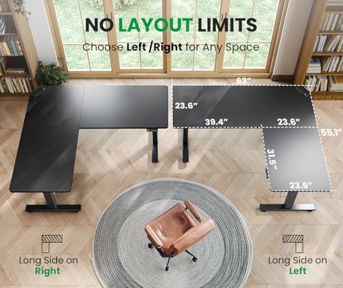 L-Shaped Standing Desk - 63 x 55 Inch Adjustable Corner Standing Desk with Charging Station - L Shape Sit Stand Table with Memory Controller, Splice Board for Home Office
