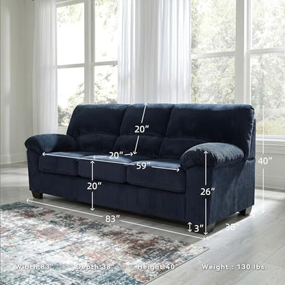 Signature Design by Ashley SimpleJoy Sofa, 83" Navy Blue Contemporary 3-Seater Couch, Soft Polyester Corduroy Fabric with Anti-Sag Platform Foundation, Living Room Furniture