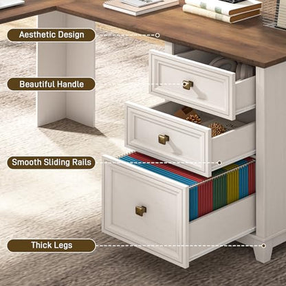 Farmhouse L Shaped Executive Desk with 6 Drawers, 59’’ Wood Home Office Desk with File Cabinet, Writing Corner Computer Desk for Home Office, Work, Study, White and Brown