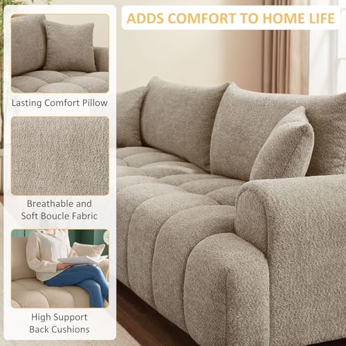 Boucle Sofa Couch, 91" Comfy Tufted Upholstered Cloud Couches, Modern 3 Seater Sofa with Pillows, Oversized Deep Seat Sherpa Couch for Living Room, Bedroom, Apartment (Camel Color)