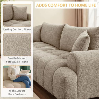 Boucle Sofa Couch, 91" Comfy Tufted Upholstered Cloud Couches, Modern 3 Seater Sofa with Pillows, Oversized Deep Seat Sherpa Couch for Living Room, Bedroom, Apartment (Camel Color)