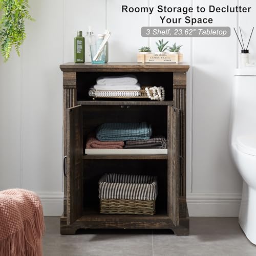 24" Farmhouse Storage Cabinet with Barn Doors, Dark Rustic Oak Freestanding Sideboard Buffet with Adjustable Shelf, Pantry Hutch Coffee Bar for Kitchen Bathroom Living Room - Small Floor Cabinet