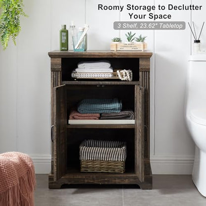 24" Farmhouse Storage Cabinet with Barn Doors, Dark Rustic Oak Freestanding Sideboard Buffet with Adjustable Shelf, Pantry Hutch Coffee Bar for Kitchen Bathroom Living Room - Small Floor Cabinet