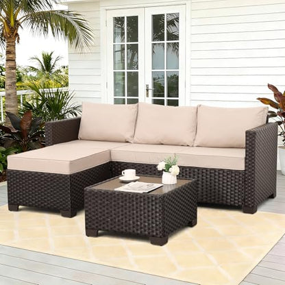 Patio Furniture Set 3 Piece Outdoor Sectional Sofa Set with Wicker Couch, Ottoman, Patio Table All-Weather Non-Slip Cushions and Waterproof Covers, Khaki
