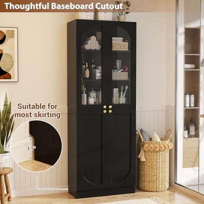 80" Kitchen Pantry, Tall Arch Storage Cabinet with Tempered Glass & Soft Close Doors, Freestanding Wood Floor Cupboard Bookcase with Seamless Fit Wall for Dining Room, Living Room, Bathroom