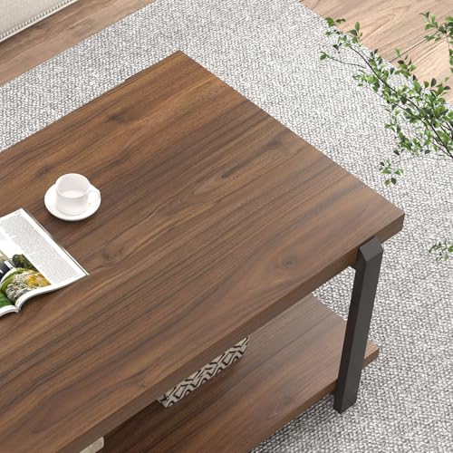 Modern Coffee Table with Storage Shelf, Rustic Wood Center Table for Living Room, Walnut