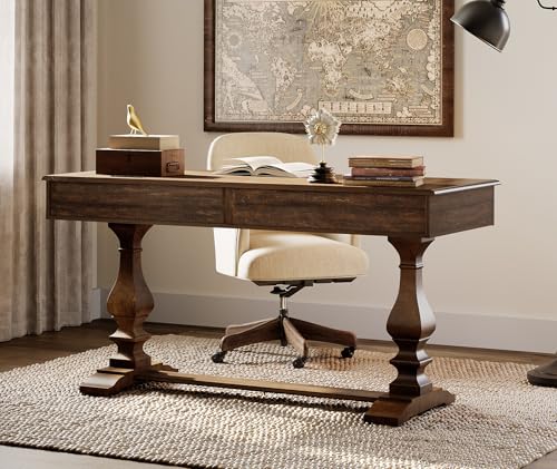 60-inch Vintage Wood Home Office Desk, Dark Walnut Brown