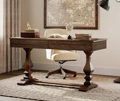60-inch Vintage Wood Home Office Desk, Dark Walnut Brown