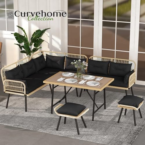 L-Shaped Patio Furniture Set, All-Weather Rattan Outdoor Conversation Sofa with Soft Cushions, Ottomans & Plastic Wood Dining Table for Backyard Deck, Light Brown + Black
