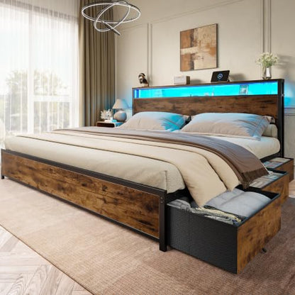 King Size Bed Frame with 2-Tier Storage Headboard & 6 Drawers, view 2