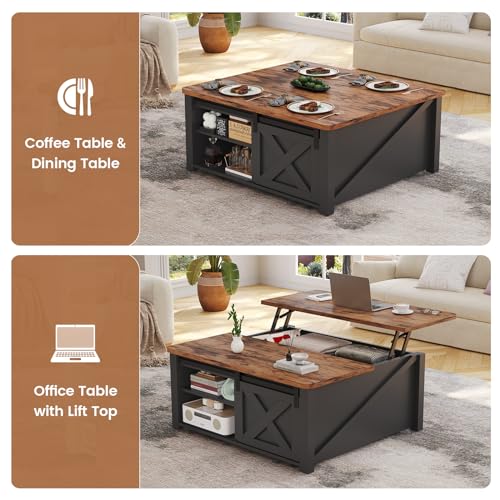 31.5" Lift Top Coffee Table with Storage, Square Coffee Tables for Living Room, Farmhouse Coffee Table with Large Hidden Storage Compartment and Adjustable Shelves, Black