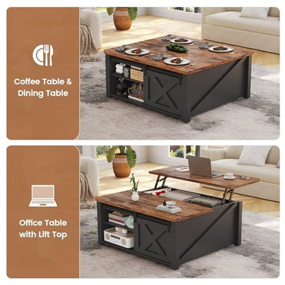 31.5" Lift Top Coffee Table with Storage, Square Coffee Tables for Living Room, Farmhouse Coffee Table with Large Hidden Storage Compartment and Adjustable Shelves, Black