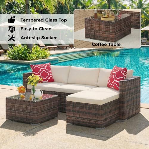 5 Pieces Patio Furniture Set, All Weather Wicker Rattan Sectional Sofa, Outdoor Patio Furniture Set with Washable Cushions for Garden, Backyard, Porch, Poolside (Brown&Beige)